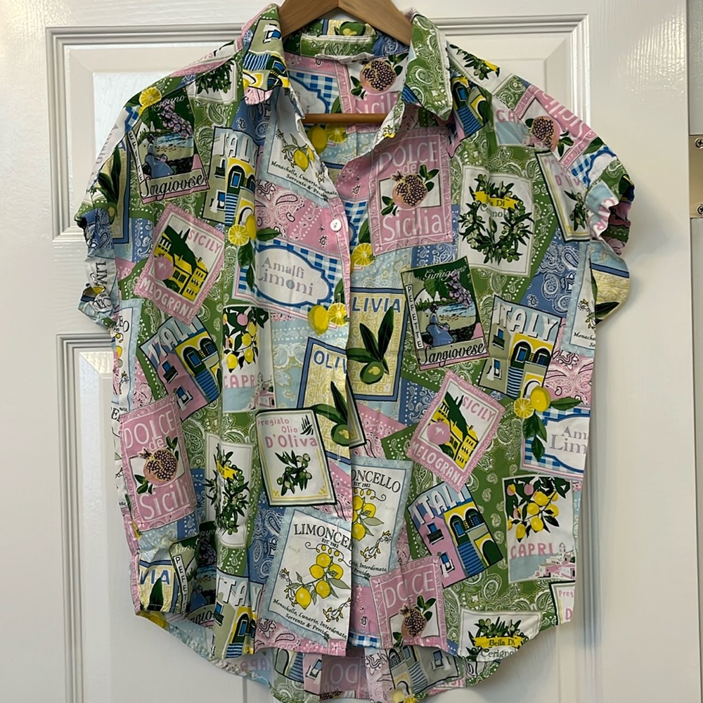 Pink, green and blue graphic Italian travel print rayon camp shirt.  Size L.